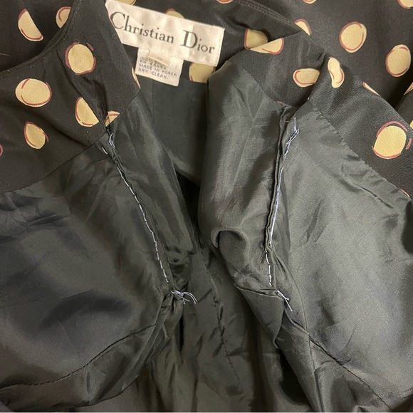 Christian Dior Vintage Silk Blazer Jacket Women's Size 8 Black Tan Polka Dot Top - Picture 12 of 12